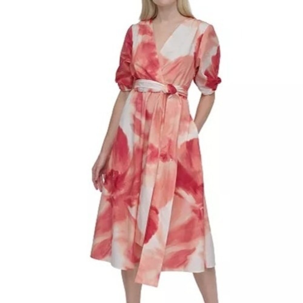 DKNY Puff Sleeve Fit & Flare Surplice Neck Belted Dress Womens Size 16W NWT